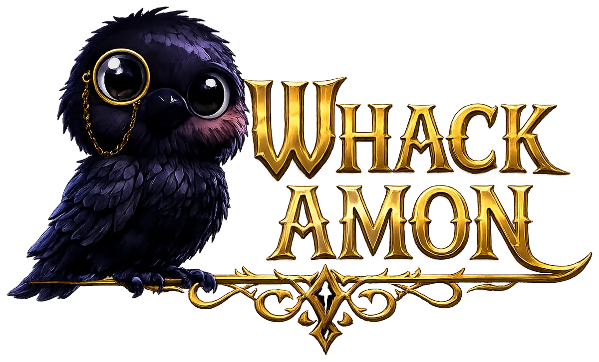 Whackamon logo: a small dark crow wearing a gold monocle, perched on an ornate golden branch beside the game's gold lettering